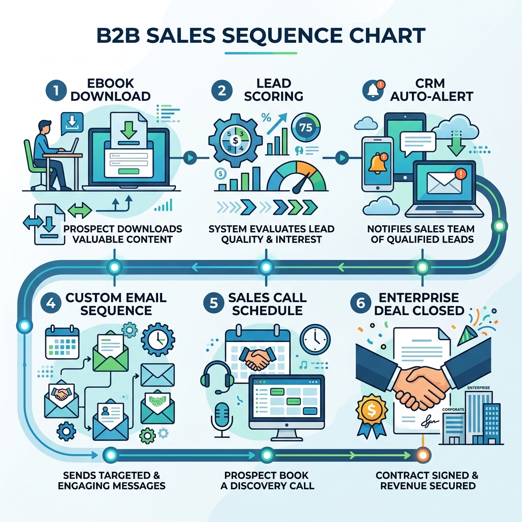 Infographic sequence mapping B2B lead nurturing and sales pipeline progression