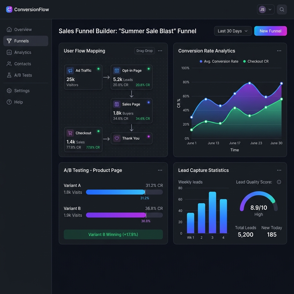 Sales Funnel Builder Dashboard with Conversion Rates and A/B Testing Analytics