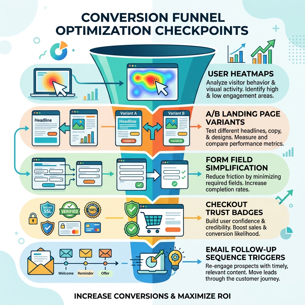 Visual map of conversion funnel optimization checkpoints and leak diagnosing