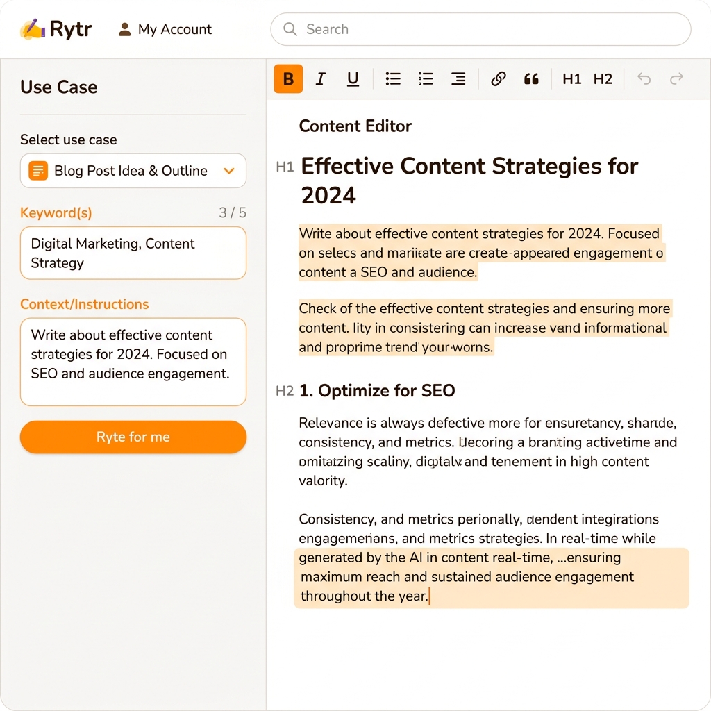Rytr AI editor interface showing blog content writing